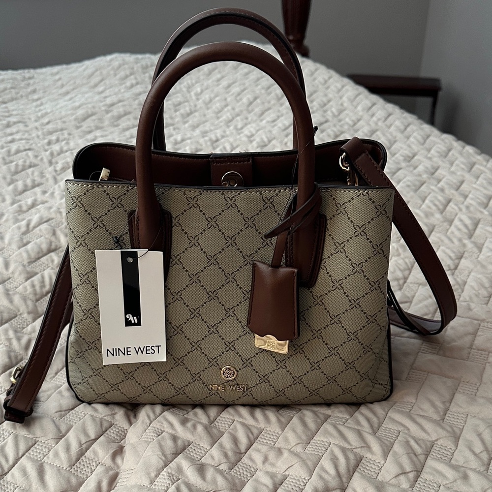 Nine West Lakelyn Satchel Bag Beige Logo Brown Trim NWT Crossbody